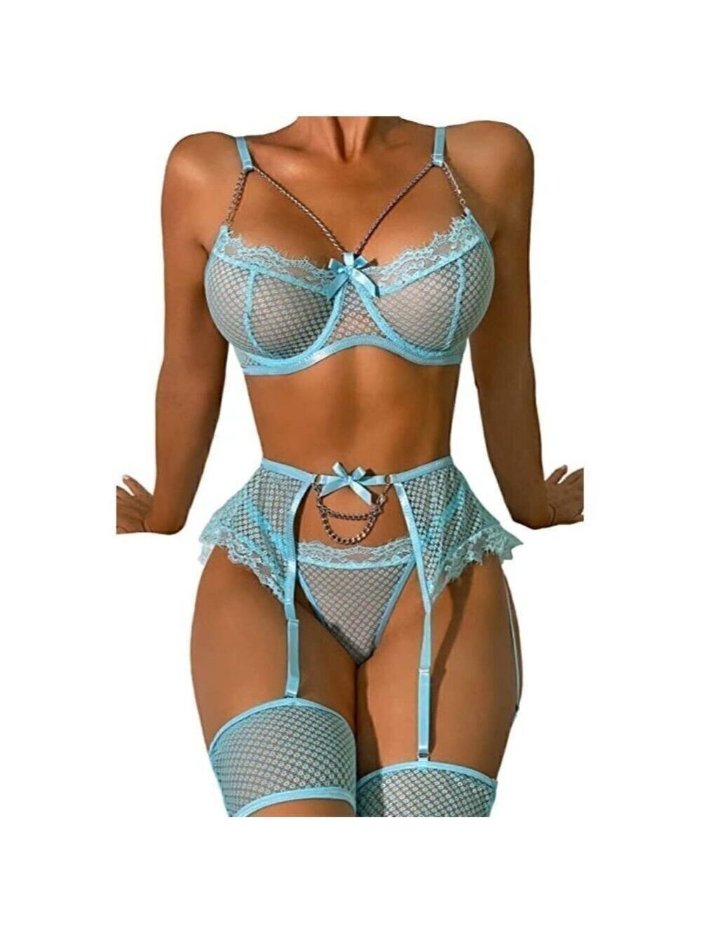 SEXY Eyelash Fishnet Lingerie Chain Babydoll Underwire Bra Panty Set Garter Belt